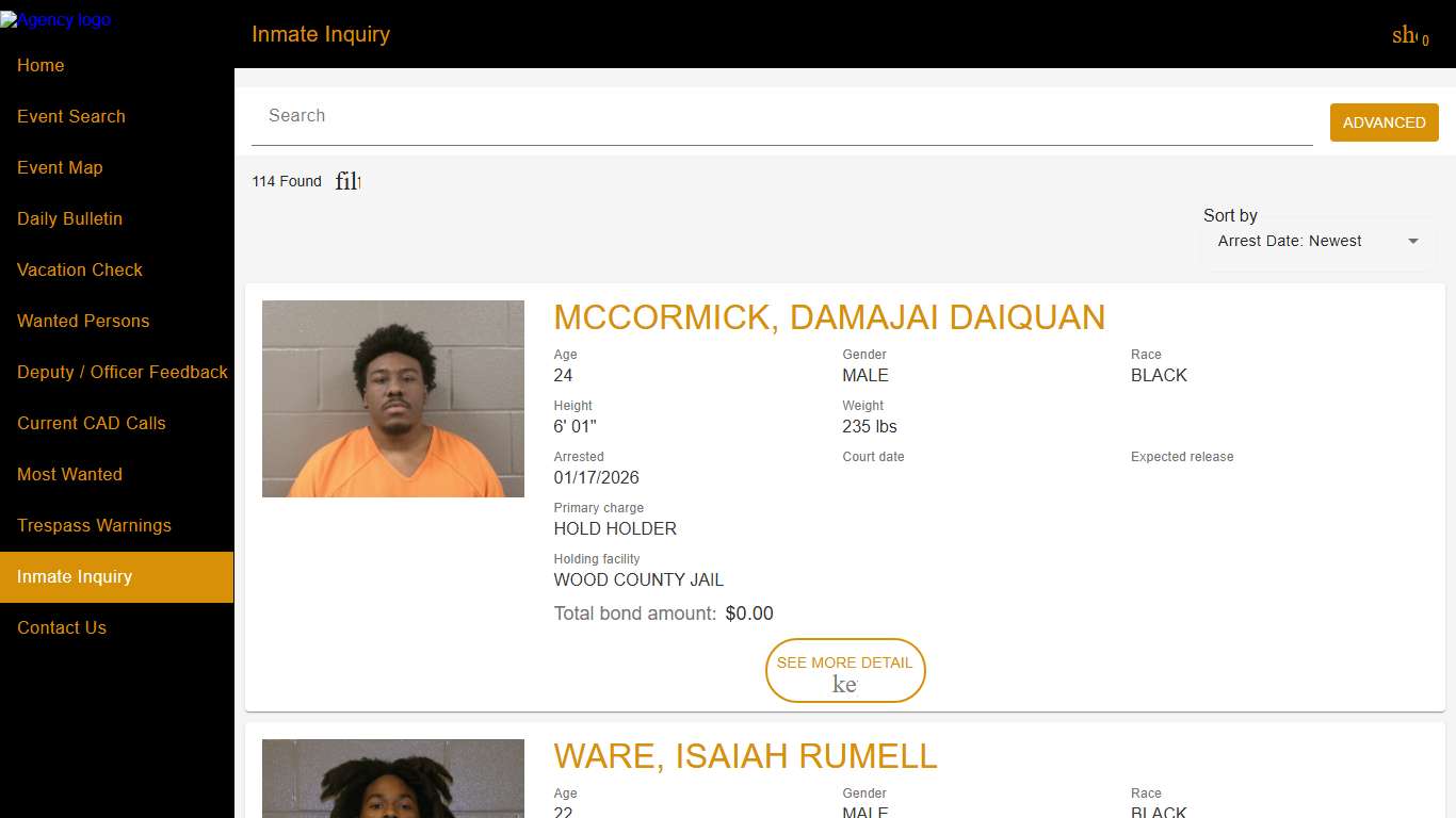 Wood County Sheriff's Office | Police to Citizen - Inmates catalog